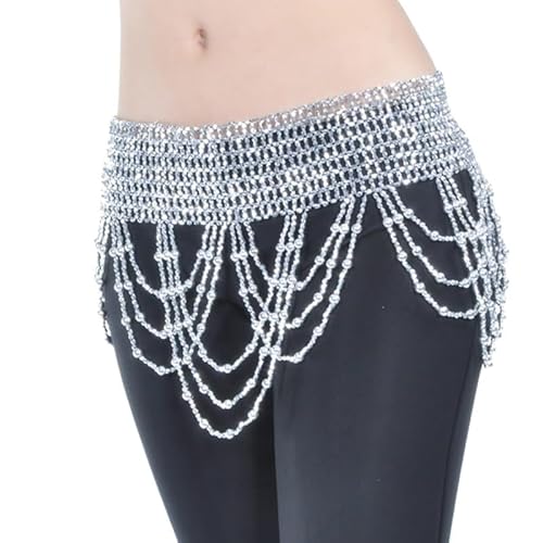 Bauchtanz Outfit,Damen Bauchtanz Kostüm Frauen Bauchtanz Kleidung Quaste Hüfte Schal Bauchtanz Elastic Wickelgürtel mit Gold / Silber Perlen Fransen Tanztuch Bauchtanz Kostüm ( Color : Silver cross be von BINCIBH