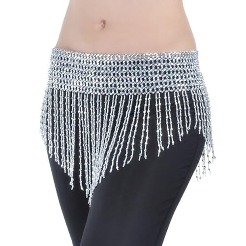 Bauchtanz Outfit,Damen Bauchtanz Kostüm Frauen Bauchtanz Kleidung Quaste Hüfte Schal Bauchtanz Elastic Wickelgürtel mit Gold / Silber Perlen Fransen Tanztuch Bauchtanz Kostüm ( Color : Silver small be von BINCIBH