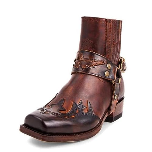 BINDT Herren Western Stiefeletten Schnallenriemen Stiefel Retro Leder Square Toe Cowboy Kurze Stiefel Cowboy Motorradstiefel,Braun,42 von BINDT