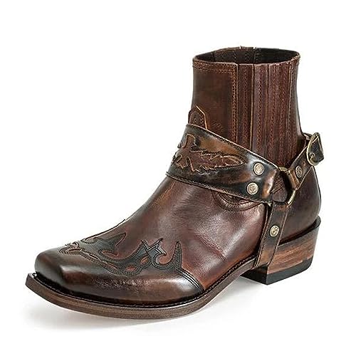 BINDT Herren Western Stiefeletten Schnallenriemen Stiefel Retro Leder Square Toe Cowboy Kurze Stiefel Cowboy Motorradstiefel,Dark Brown,46 von BINDT