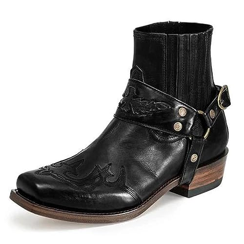 BINDT Herren Western Stiefeletten Schnallenriemen Stiefel Retro Leder Square Toe Cowboy Kurze Stiefel Cowboy Motorradstiefel,Schwarz,39 von BINDT