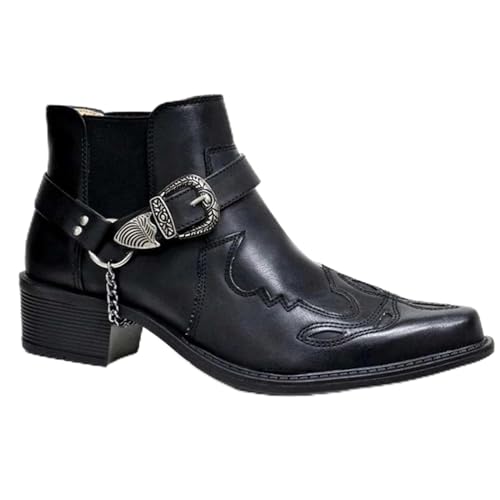 BINDT Herren Western Stiefeletten Schnallenriemen Stiefel Retro Leder Square Toe Cowboy Kurze Stiefel Cowboy Motorradstiefel,Schwarz,48 von BINDT