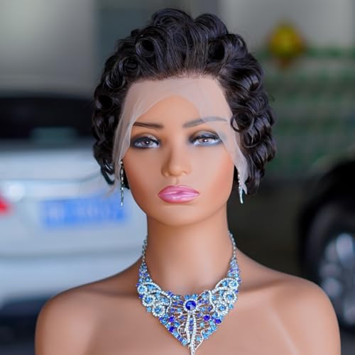 Kurze lockige Perücke aus Echthaar, 6 Zoll kurze lockige Pixie Perücke, 13x 4 Spitze lockige Pixie Echthaarperücke, for schwarze Frauen, tägliche Party Cosplay Nutzung.(Black) von BINFC