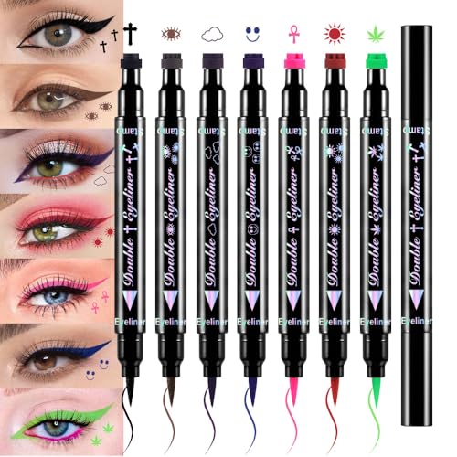 BINGBRUSH 7 Stück Flüssiger Eyeliner Set Doppelseitige Eyeliner Set Make Up Extrem Schwarz Wasserdicht Dünne Gel Filzspitze Intensiv Schwarz Pigment & Stempel von BINGBRUSH