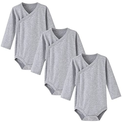 BINIDUCKLING 3er Pack Baby Jungen Mädchen Langarm Wickelbodys - 100% Baumwoll Baby Body mit Seitlichen Druckknöpfen für 3-6 Monate, Dunkelgrau von BINIDUCKLING