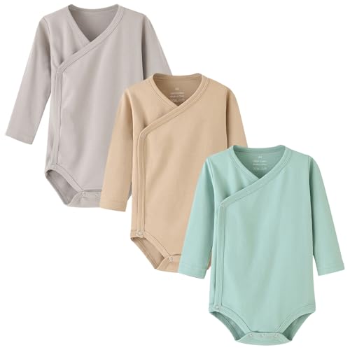 BINIDUCKLING 3er Pack Baby Jungen Mädchen Langarm Wickelbodys - 100% Baumwoll Baby Body mit Seitlichen Druckknöpfen für 3-6 Monate, Grün&Beige&Grau von BINIDUCKLING