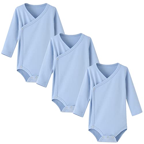 BINIDUCKLING 3er Pack Baby Jungen Mädchen Langarm Wickelbodys - 100% Baumwoll Baby Body mit Seitlichen Druckknöpfen für 3-6 Monate, Hellblau von BINIDUCKLING