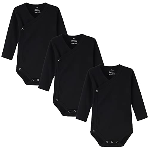 BINIDUCKLING 3er Pack Baby Jungen Mädchen Langarm Wickelbodys - 100% Baumwoll Baby Body mit Seitlichen Druckknöpfen für 3-6 Monate, Schwarz von BINIDUCKLING