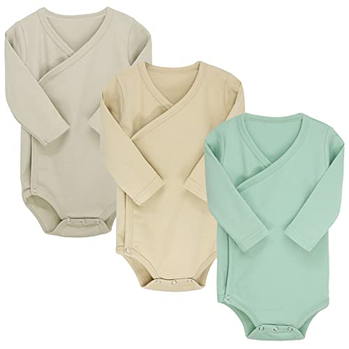 BINIDUCKLING 3er Pack Baby Jungen Mädchen Langarm Wickelbodys - 100% Baumwoll Baby Body mit Seitlichen Druckknöpfen für 6-9 Monate, Grün&Beige&Grau von BINIDUCKLING