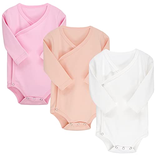 BINIDUCKLING 3er Pack Baby Jungen Mädchen Langarm Wickelbodys - 100% Baumwoll Baby Body mit Seitlichen Druckknöpfen für 6-9 Monate, Rosa Ombre von BINIDUCKLING