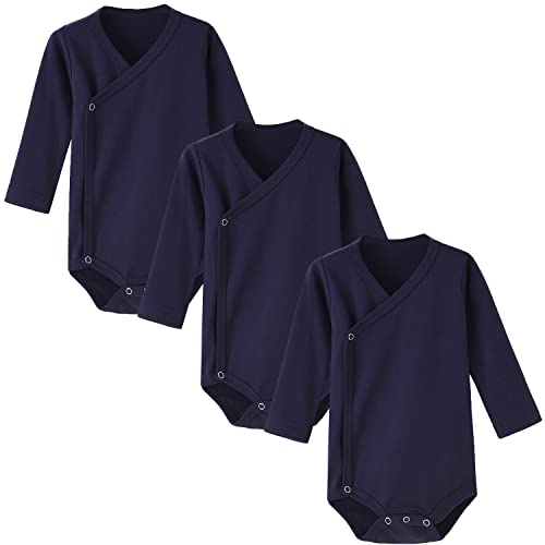 BINIDUCKLING 3er Pack Baby Jungen Mädchen Langarm Wickelbodys - 100% Baumwoll Baby Body mit Seitlichen Druckknöpfen für Neugeborene-3 Monate, Dunkelblau von BINIDUCKLING