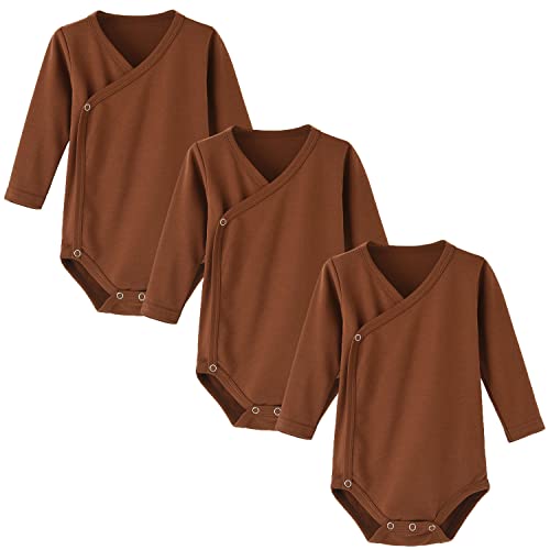 BINIDUCKLING 3er Pack Baby Jungen Mädchen Langarm Wickelbodys - 100% Baumwoll Baby Body mit Seitlichen Druckknöpfen für 3-6 Monate, Braun von BINIDUCKLING