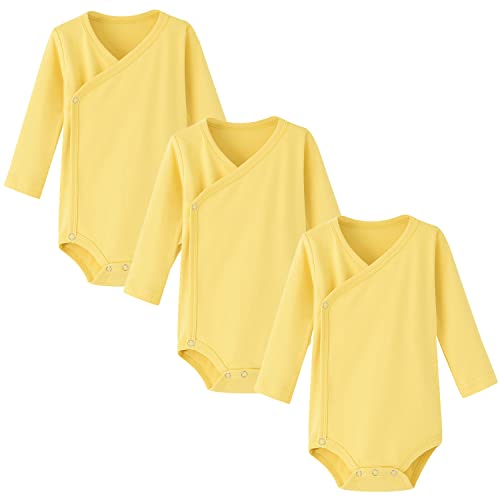 BINIDUCKLING 3er Pack Baby Jungen Mädchen Langarm Wickelbodys - 100% Baumwoll Baby Body mit Seitlichen Druckknöpfen für 3-6 Monate, Gelb von BINIDUCKLING