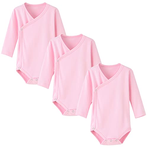 BINIDUCKLING 3er Pack Baby Jungen Mädchen Langarm Wickelbodys - 100% Baumwoll Baby Body mit Seitlichen Druckknöpfen für 3-6 Monate, Rosa von BINIDUCKLING