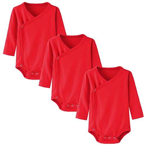 BINIDUCKLING 3er Pack Baby Jungen Mädchen Langarm Wickelbodys - 100% Baumwoll Baby Body mit Seitlichen Druckknöpfen für Neugeborene-3 Monate, Rot von BINIDUCKLING