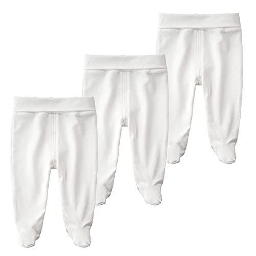 BINIDUCKLING Baby 3er Pack Hohe Taille Hose mit Fuß - aus Baumwolle - Baby Pumphose Strampelhose mit Fuß für Jungen Mädchen, 0-3 Monate, Weiß von BINIDUCKLING