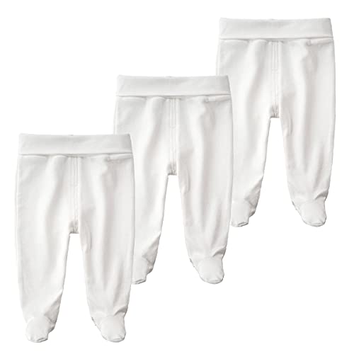 BINIDUCKLING Baby 3er Pack Hohe Taille Hose mit Fuß - aus Baumwolle - Baby Pumphose Strampelhose mit Fuß für Jungen Mädchen, 3-6 Monate, Weiß von BINIDUCKLING