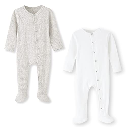BINIDUCKLING Baby 2er Pack Druckknopf Schlafanzug, mit Fuß, mit Fäustlings Bündchen, Baumwolle - Langarm Baby Strampler Baby Pyjamas für Jungen Mädchen 0-3 Monate, Beige Grau & Weiß von BINIDUCKLING