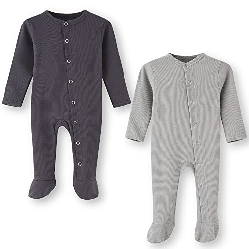 BINIDUCKLING Baby 2er Pack Druckknopf Schlafanzug, mit Fuß, mit Fäustlings Bündchen, Baumwolle - Langarm Baby Strampler Baby Pyjamas für Jungen Mädchen 0-3 Monate, Dunkelgrau & Hellgrau von BINIDUCKLING