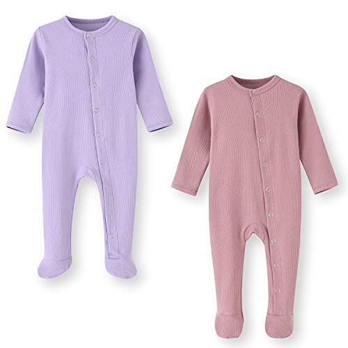 BINIDUCKLING 2er Pack Druckknopf Schlafanzug Mit Fuß, Fäustlings Bündchen - Langarm Strampler Pyjamas für Jungen Mädchen, 0-3 Monate, Lila & Rosa, Baumwolle von BINIDUCKLING