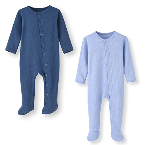 BINIDUCKLING Baby 2er Pack Druckknopf Schlafanzug, mit Fuß, mit Fäustlings Bündchen, Baumwolle - Langarm Baby Strampler Baby Pyjamas für Jungen Mädchen 3-6 Monate, Ozean Blau&Hell Blau von BINIDUCKLING