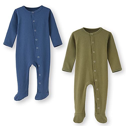 BINIDUCKLING Baby 2er Pack Druckknopf Schlafanzug, mit Fuß, mit Fäustlings Bündchen, Baumwolle - Langarm Baby Strampler Baby Pyjamas für Jungen Mädchen 6-9 Monate, Ozean Blau & Armee Grün von BINIDUCKLING