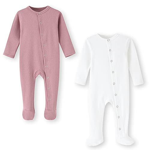 BINIDUCKLING Baby 2er Pack Druckknopf Schlafanzug, mit Fuß, mit Fäustlings Bündchen, Baumwolle - Langarm Baby Strampler Baby Pyjamas für Jungen Mädchen 6-9 Monate, Rosa & Weiß von BINIDUCKLING