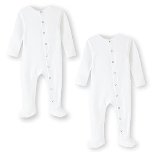 BINIDUCKLING Baby 2er Pack Druckknopf Schlafanzug, mit Fuß, mit Fäustlings Bündchen, Baumwolle - Langarm Baby Strampler Baby Pyjamas für Jungen Mädchen 6-9 Monate, Weiß von BINIDUCKLING