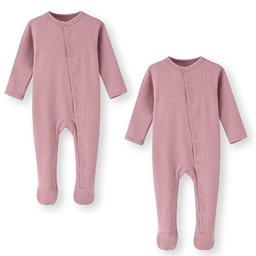 BINIDUCKLING Baby 2er Pack Druckknopf Schlafanzug, mit Fuß, mit Fäustlings Bündchen, Baumwolle - Langarm Baby Strampler Baby Pyjamas für Jungen Mädchen 9-12 Months, Rosa von BINIDUCKLING