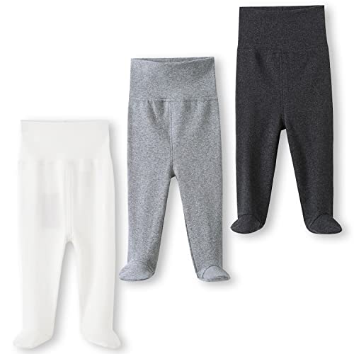BINIDUCKLING Baby 3er Pack Hohe Taille Hose mit Fuß - aus Baumwolle - Baby Pumphose Strampelhose mit Fuß für Jungen Mädchen, 0-3 Monate, Dunkel Grau&Hell Grau von BINIDUCKLING
