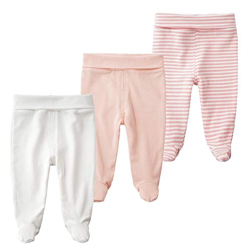 BINIDUCKLING Baby 3er Pack Hohe Taille Hose mit Fuß - aus Baumwolle - Baby Pumphose Strampelhose mit Fuß für Jungen Mädchen, 6-12 Monate, Rosa von BINIDUCKLING