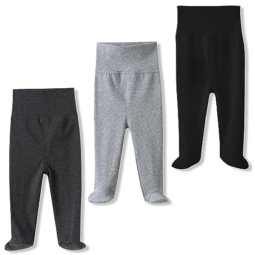 BINIDUCKLING Baby 3er Pack Hohe Taille Hose mit Fuß - aus Baumwolle - Baby Pumphose Strampelhose mit Fuß für Jungen Mädchen, 6-12 Monate, Schwarz&Dunkel Grau&Hell Grau von BINIDUCKLING