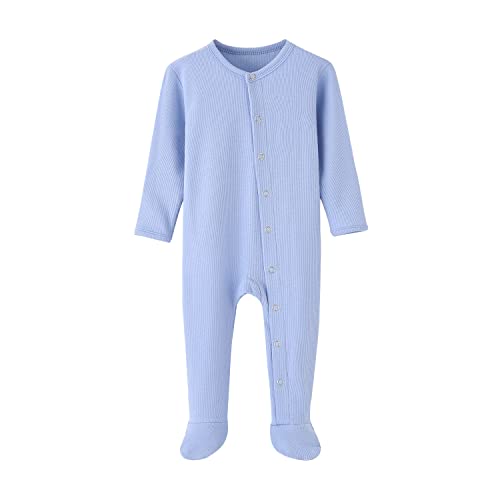 BINIDUCKLING Baby Druckknopf Schlafanzug, mit Fuß, mit Fäustlings Bündchen, Baumwolle - Langarm Baby Strampler Baby Pyjamas für Jungen Mädchen 0-3 Monate, Hell blau von BINIDUCKLING