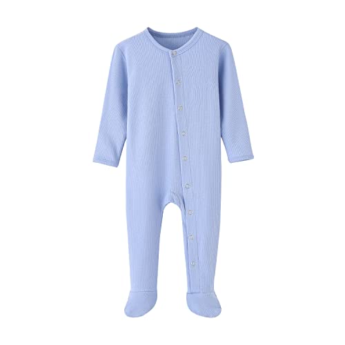BINIDUCKLING Baby Druckknopf Schlafanzug, mit Fuß, mit Fäustlings Bündchen, Baumwolle - Langarm Baby Strampler Baby Pyjamas für Jungen Mädchen 3-6 Monate, Hell blau von BINIDUCKLING