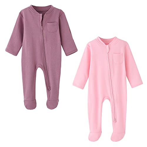 BINIDUCKLING Baby-Jungen Mädchen Schlafanzug - 2-Wege-Reißverschluss, Baumwolle, mit Füßen, 2er-Pack - Baby Schlafstrampler für Neugborene 0-3 Monate, Lila&Rosa von BINIDUCKLING