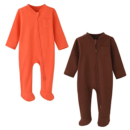 BINIDUCKLING Baby-Jungen Mädchen Schlafanzug - 2-Wege-Reißverschluss, Baumwolle, mit Füßen, 2er-Pack - Baby Schlafstrampler für Neugborene 0-3 Monate, Orange&Braun von BINIDUCKLING