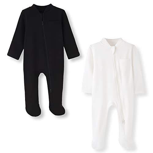 BINIDUCKLING Baby-Jungen Mädchen Schlafanzug - 2-Wege-Reißverschluss, Baumwolle, mit Füßen, 2er-Pack - Baby Schlafstrampler für Neugborene 0-3 Monate, Schwarz&Cream-Weiß von BINIDUCKLING