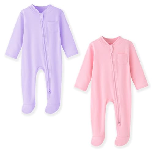 BINIDUCKLING Baby-Jungen Mädchen Schlafanzug - 2-Wege-Reißverschluss, Baumwolle, mit Füßen, 2er-Pack - Baby Schlafstrampler für Neugborene 6-9 Monate, Lila&Rosa von BINIDUCKLING