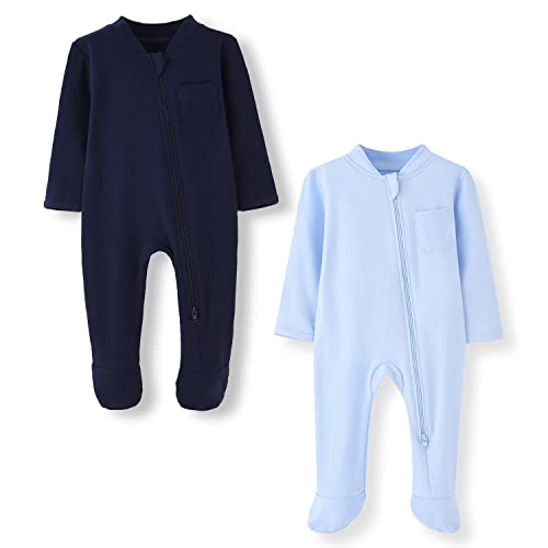 BINIDUCKLING Baby-Jungen Mädchen Schlafanzug - 2-Wege-Reißverschluss, Baumwolle, mit Füßen, 2er-Pack - Baby Schlafstrampler für Neugborene 6-9 Monate, Marine Blau&Hell Blau von BINIDUCKLING