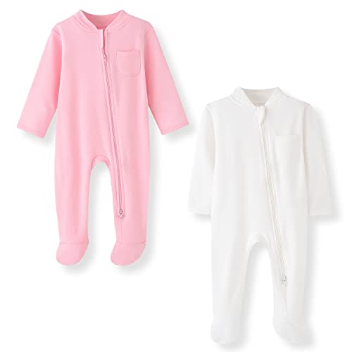 BINIDUCKLING Baby-Jungen Mädchen Schlafanzug - 2-Wege-Reißverschluss, Baumwolle, mit Füßen, 2er-Pack - Baby Schlafstrampler für Neugborene 6-9 Monate, Rosa&Cream-Weiß von BINIDUCKLING