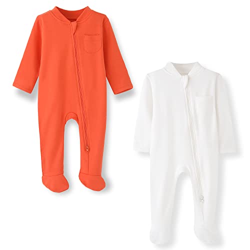 BINIDUCKLING Baby-Jungen Mädchen Schlafanzug - 2-Wege-Reißverschluss, Baumwolle, mit Füßen, 2er-Pack - Baby Schlafstrampler für Neugborene 9-12 Monate, Orange&Creme-Weiß von BINIDUCKLING