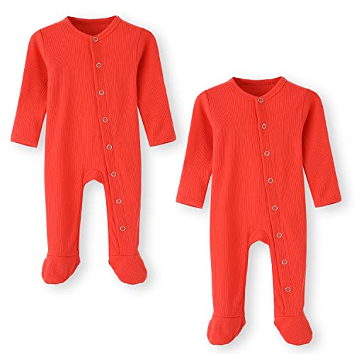 BINIDUCKLING Baby 2er Pack Druckknopf Schlafanzug, mit Fuß, mit Fäustlings Bündchen, Baumwolle - Langarm Baby Strampler Baby Pyjamas für Jungen Mädchen 0-3 Monate, Rot von BINIDUCKLING