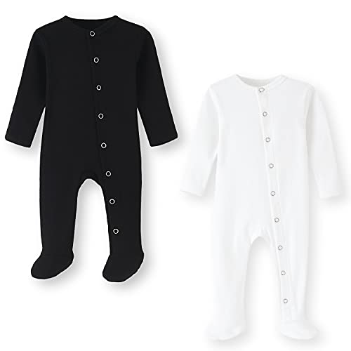 BINIDUCKLING Baby 2er Pack Druckknopf Schlafanzug, mit Fuß, mit Fäustlings Bündchen, Baumwolle - Langarm Baby Strampler Baby Pyjamas für Jungen Mädchen 0-3 Monate, Schwarz & Weiß von BINIDUCKLING