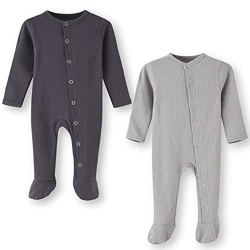 BINIDUCKLING 2er Pack Druckknopf Schlafanzug Mit Fuß, Fäustlings Bündchen, Baumwolle - Langarm Strampler Pyjamas für Jungen Mädchen 3-6 Months, Dunkelgrau & Hellgrau von BINIDUCKLING