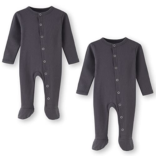 BINIDUCKLING Baby 2er Pack Druckknopf Schlafanzug, mit Fuß, mit Fäustlings Bündchen, Baumwolle - Langarm Baby Strampler Baby Pyjamas für Jungen Mädchen 9-12 Months, Dunkelgrau von BINIDUCKLING