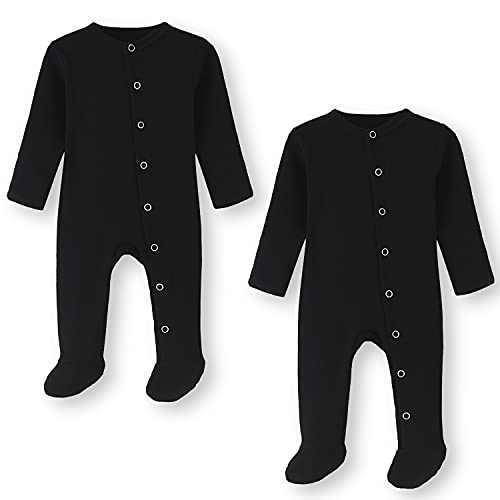 BINIDUCKLING Baby 2er Pack Druckknopf Schlafanzug, mit Fuß, mit Fäustlings Bündchen, Baumwolle - Langarm Baby Strampler Baby Pyjamas für Jungen Mädchen 9-12 Months, Schwarz von BINIDUCKLING