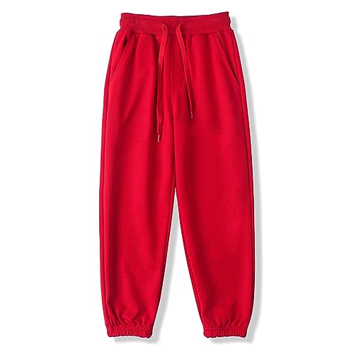 BINIDUCKLING Jungen Jogginghose mit Gummizug, Unisex Kinder Jogger Hosen Sweathosen Sporthose Lang, Einfarbige（Rot,130/6Jahre） von BINIDUCKLING