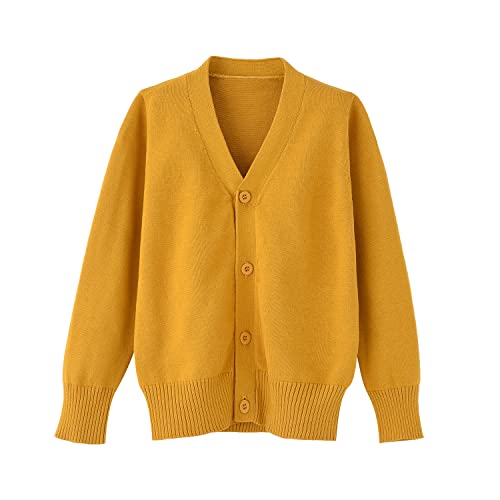 BINIDUCKLING Jungen Mädchen V-Ausschnitt Schule Cardigans Langarm Button-up Strickwaren für Schuluniform, gelb, 3-4 Jahre von BINIDUCKLING