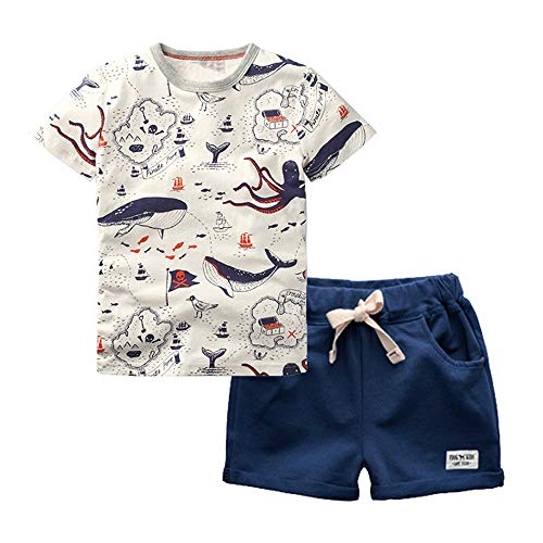BINIDUCKLING Jungen Short Shirt Set Kleinkind Kinder Outfit 2 Stck Sommer Bekleidungsset，Wal， 3-4 Jahre von BINIDUCKLING