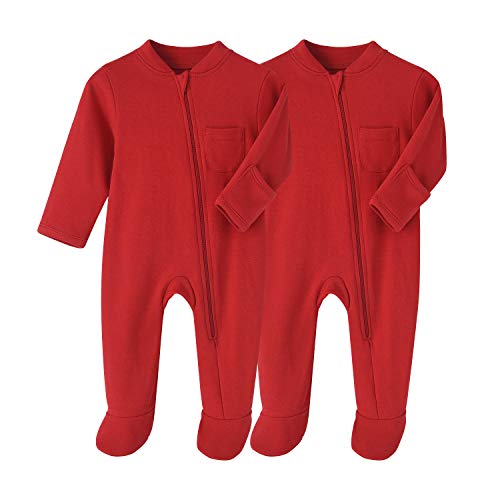 BINIDUCKLING Neugeborenes Säugling Klassische Schlafanzug 2er Pack Baby Junge Mädchen Reißverschluss Strampler-Set,Rot,3 Monate von BINIDUCKLING